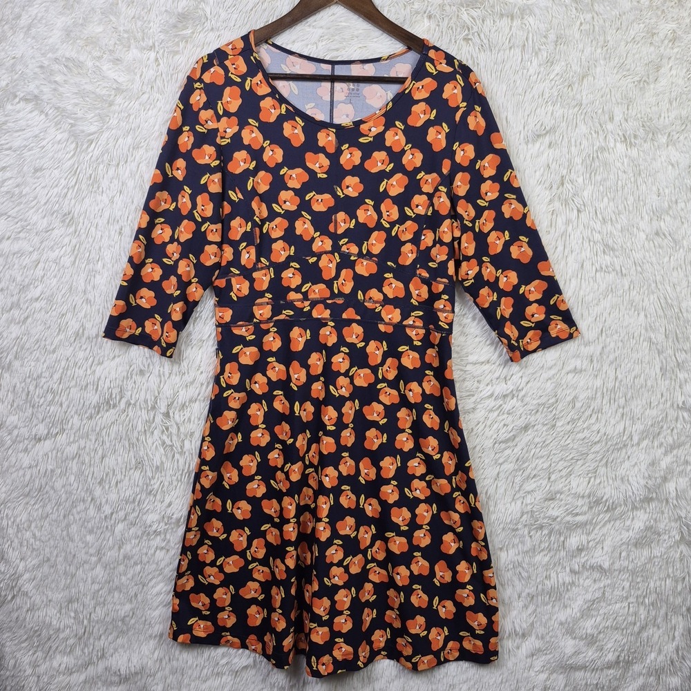 Title Nine Dream Dress 3/4 Sleeve Orange Black Floral Size Large Knee Length